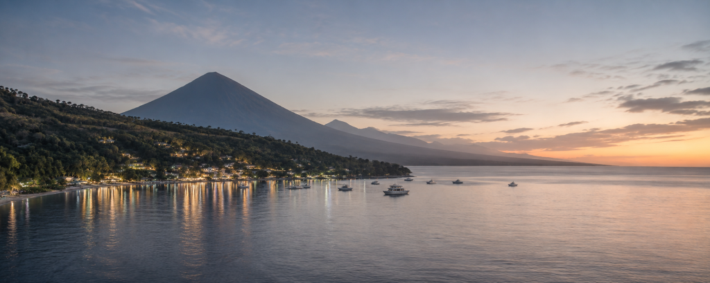 Amed coastline and Mount Agung